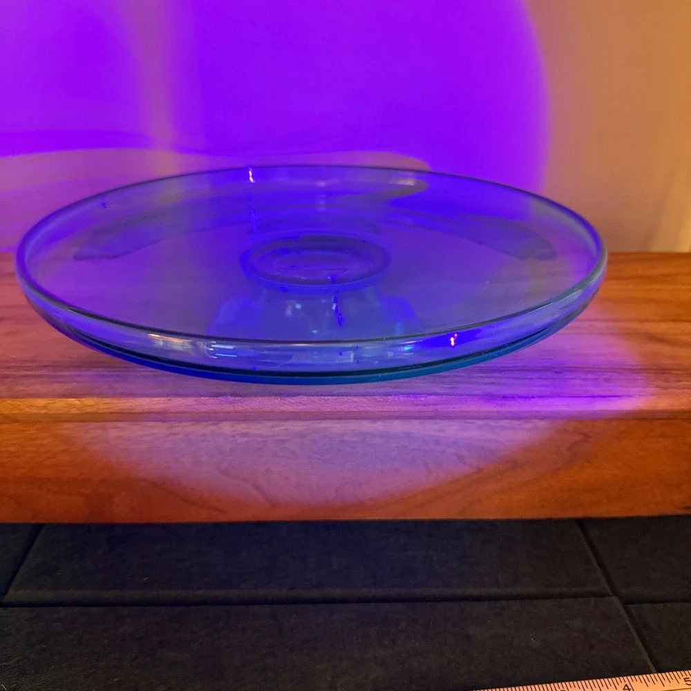 Vintage Aqua Blue Hand Blown Glass Cake Stand Pedestal Chip Dip Server 10 Inch